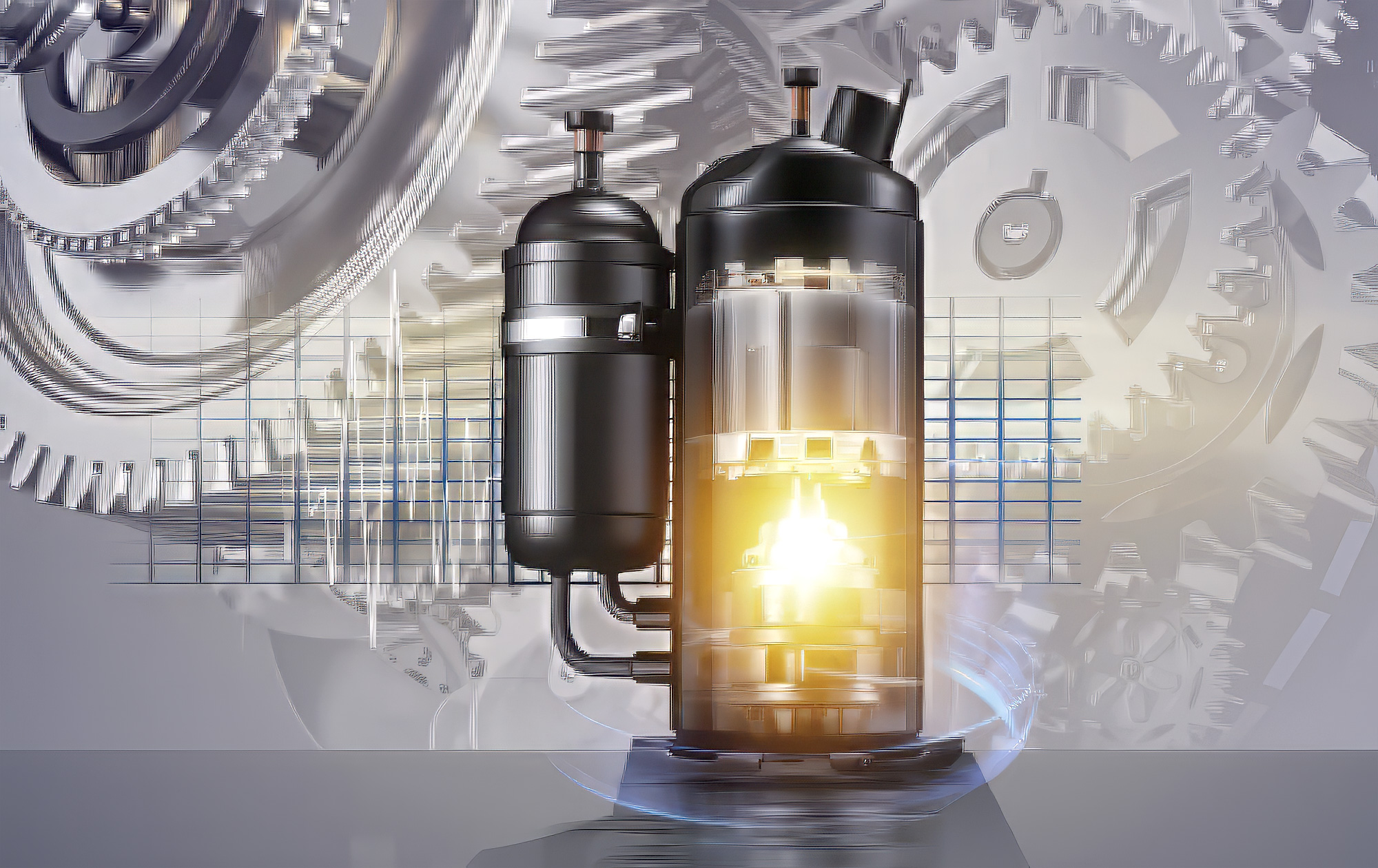 Technische Darstellung eines hocheffizienten Mitsubishi DC-Inverter-Kompressors für gewerbliche NEWNTIDE Climastar R290 Wärmepumpen vor einem technischen Zahnrad-Hintergrund.