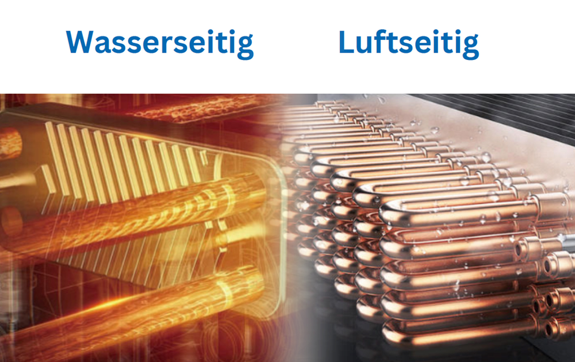 Detaillierte Gegenüberstellung des Plattenwärmetauschers (wasserseitig) und der Kupferrohr-Register (luftseitig) in einer NEWNTIDE Climastar Wärmepumpe.