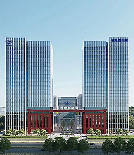 Moderner Newntide Unternehmenssitz in China mit zwei großen Hochhäusern und einem traditionellen chinesischen Torbogen als Eingang.