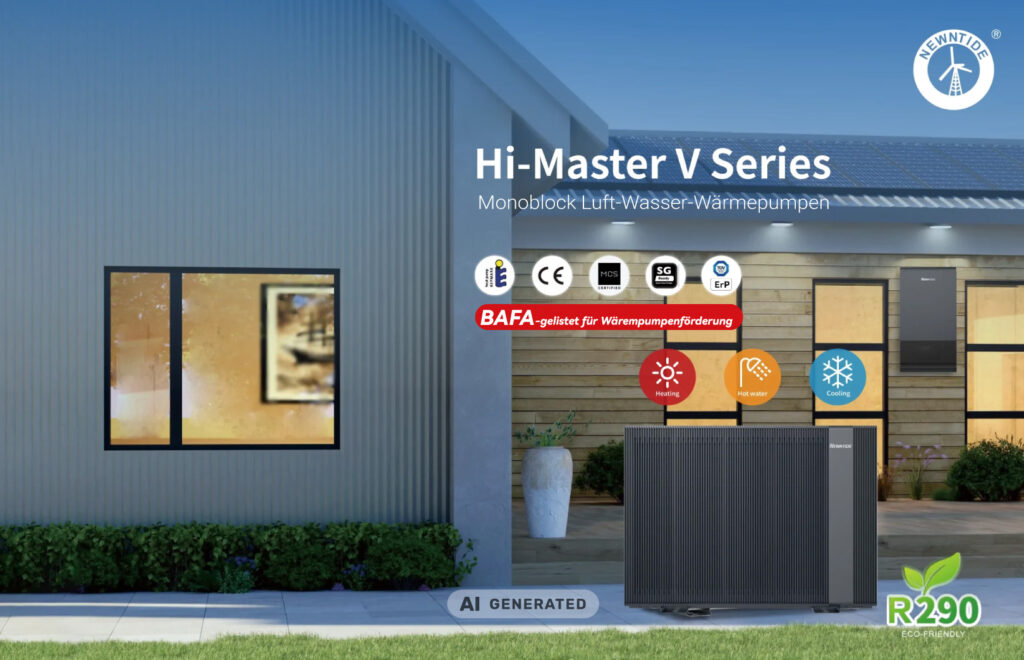 Werbebanner für die Newntide Hi-Master V Series Monoblock Luft-Wasser-Wärmepumpe, BAFA-gelistet, Bild Ki generiert.