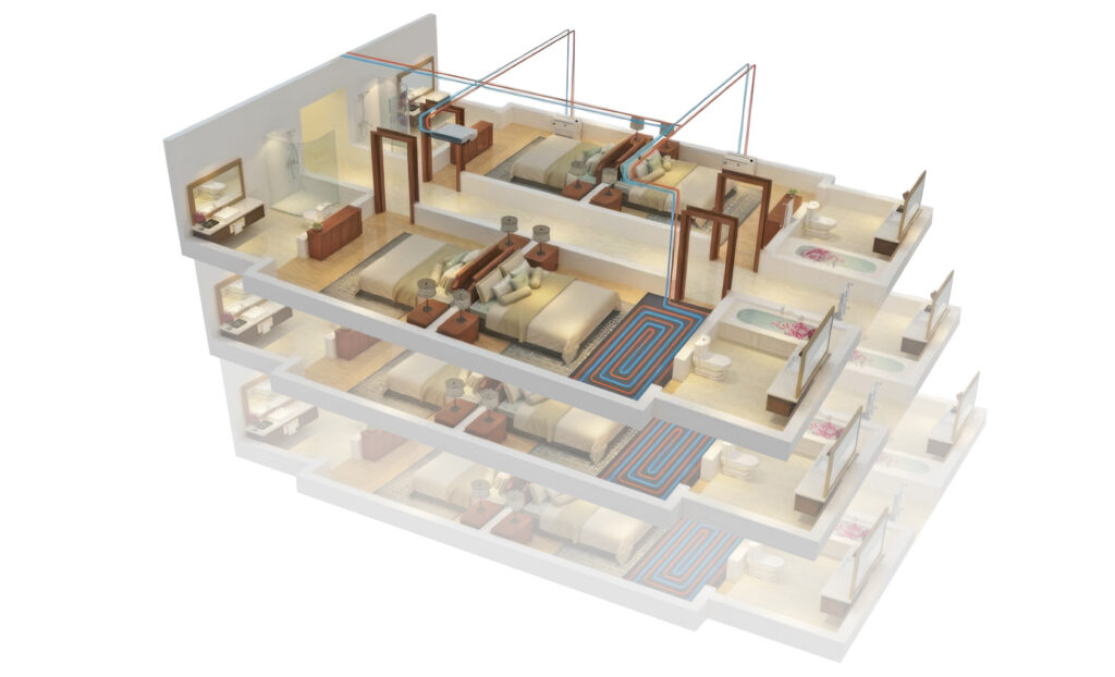 3D-Schnittmodell eines mehrstöckigen Hotel- oder Wohngebäudes mit integrierter Fußbodenheizung, Sanitär- und Rohrnetzversorgung durch gewerbliche NEWNTIDE Wärmepumpen.