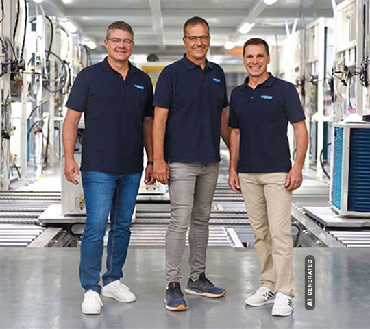 KI-generiertes Bild von drei Mitarbeitern in einer Produktionshalle der HGPower Fabrik.