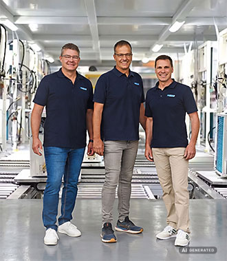 Die drei HGPower Geschäftsführer Heiko Schweizer, Stephan Holzwart und Heiko Kirbach (v.l.n.r.) in der Newntide Produktionshalle - KI generated.