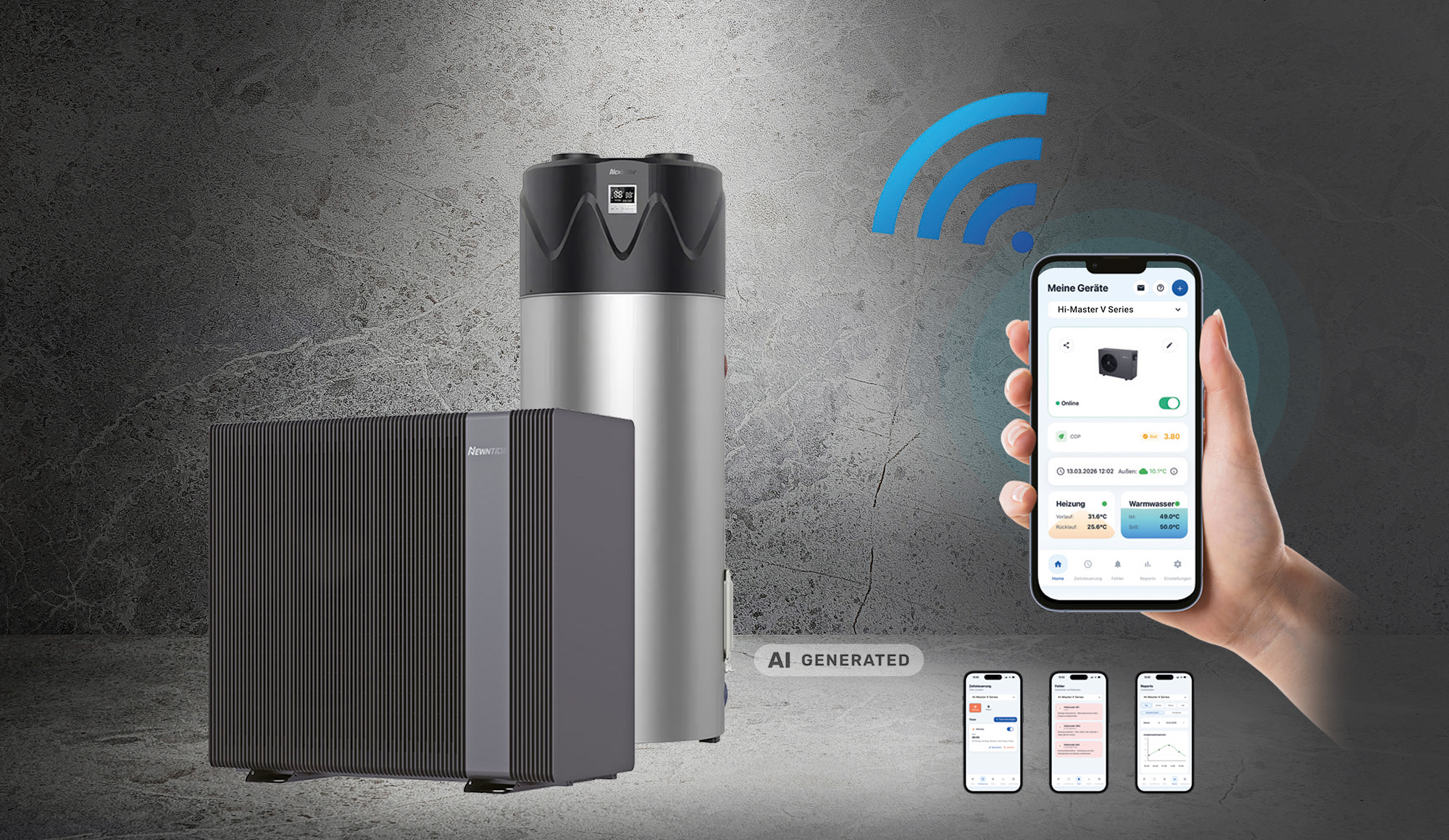 NEWNTIDE Außengerät einer Luft-Wasser-Wärmepumpe und Speicher, gesteuert über eine Smartphone-App mit WLAN-Symbol vor dunkler Betonwand.