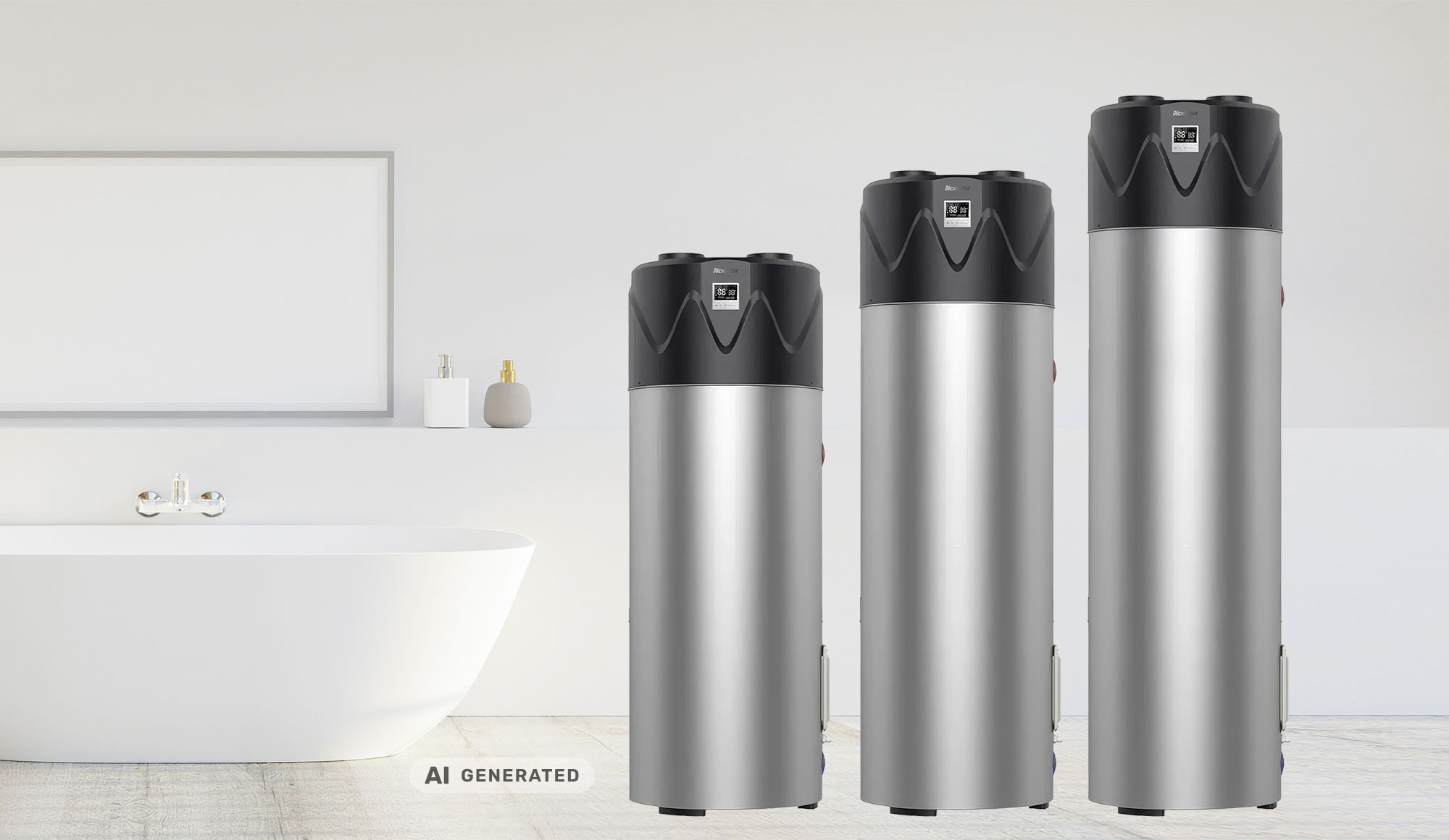 Drei Brauchwasser Wärmepumpen von Newntide von klein zu groß im Badezimmer. Drei moderne Stiebel Eltron Warmwasser-Wärmepumpen in verschiedenen Größen nebeneinander in einem Badezimmer mit weißer Badewanne vor einer Wand.