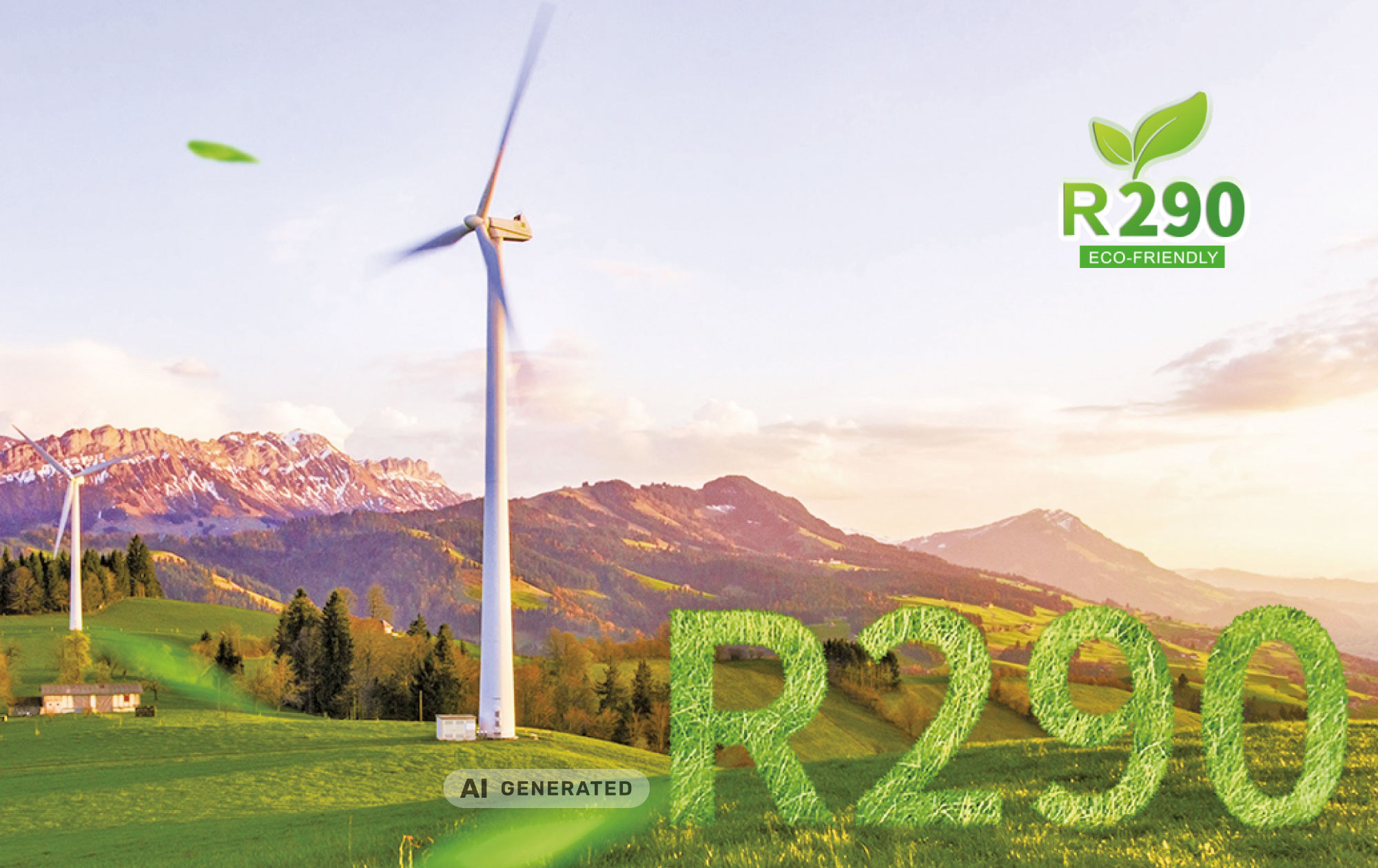 R290 in grün vor Landschaft mit Windrädern.