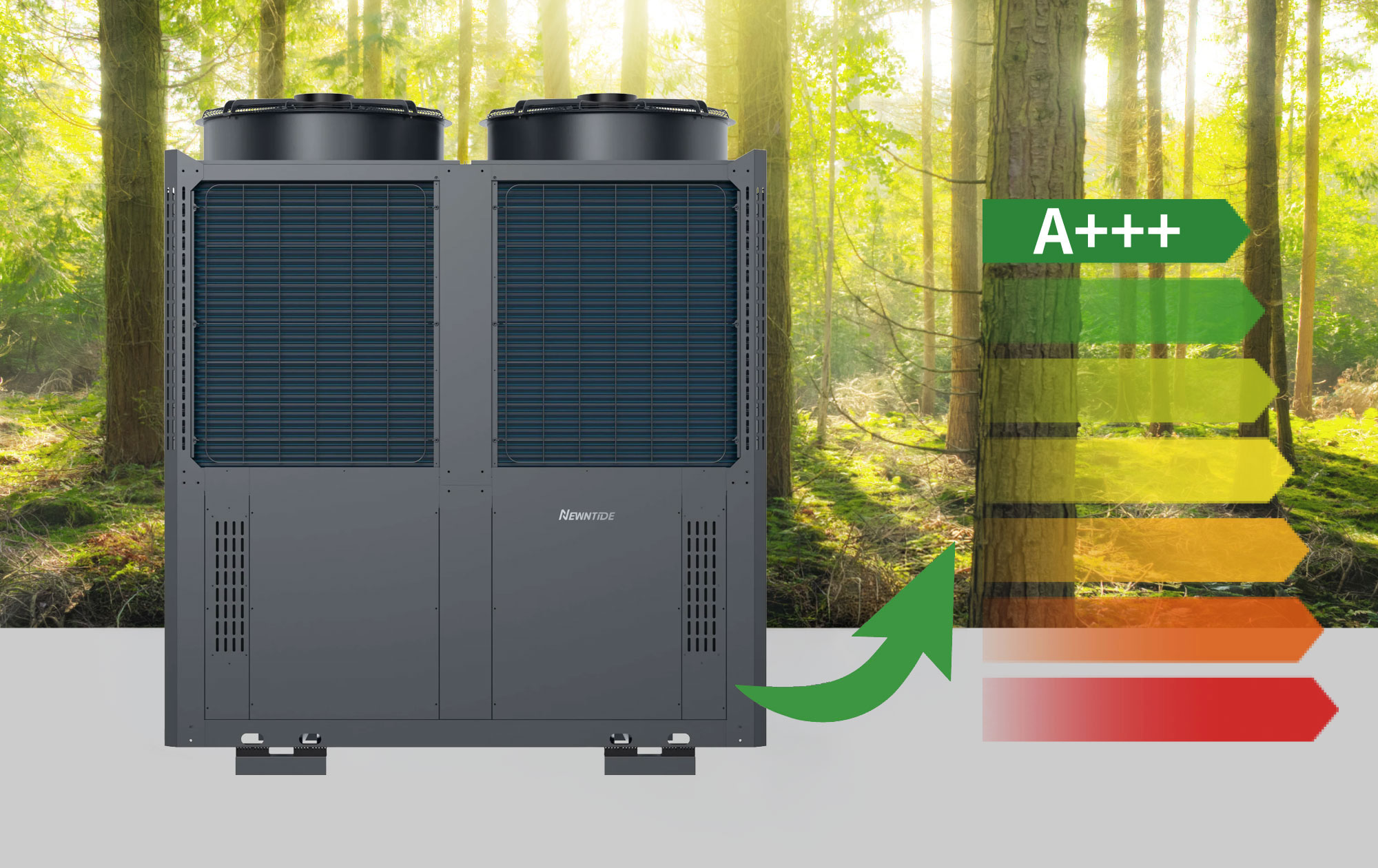 Gewerbliche NEWNTIDE Climastar Wärmepumpe vor waldreichem Hintergrund mit Visualisierung der Energieeffizienzklasse A+++.