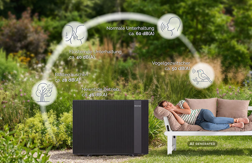KI-generierte Infografik zum Geräuschpegel einer Newntide Wärmepumpe im Vergleich zu Alltagsgeräuschen im Garten