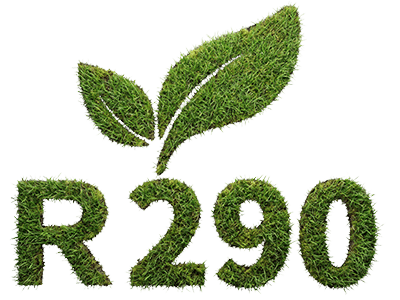 Schriftzug "R290" und zwei Blätter, gestaltet in realistischer Gras- und Rasenoptik auf transparentem Hintergrund.